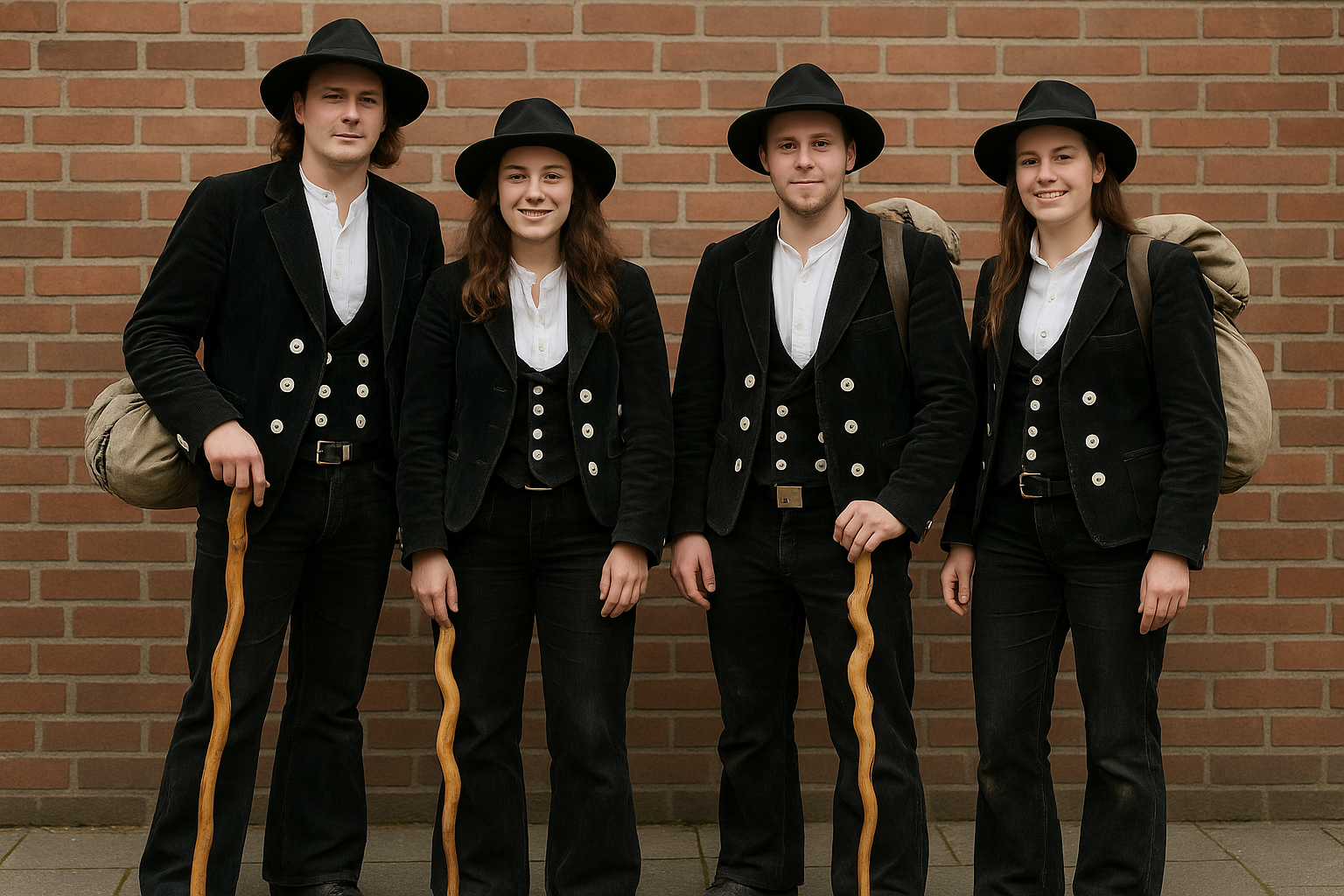 Häufig erkennt man sie schon an ihrer Kleidung: junge Gesellinnen und Gesellen auf der Walz (Foto: KI-generiert). Häufig erkennt man sie schon an ihrer Kleidung: junge Gesellinnen und Gesellen auf der Walz (Foto: KI-generiert).